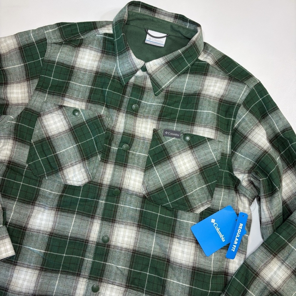 Columbia Flannel Shirt Jacket Mens Small Green Plaid Fleece Lined Snap Front NW
